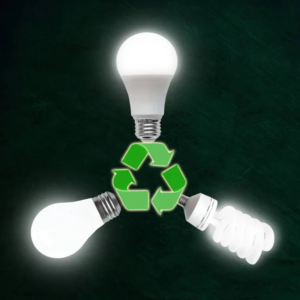 Podświetlane Żarówkami Led Cfl Świetlówek Żarówek Technologii Podłączony Recykling Symbol — Zdjęcie stockowe