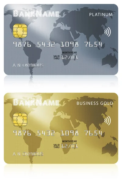 Two debit or credit card illustrations of platinum and business gold versions isolated over white background.