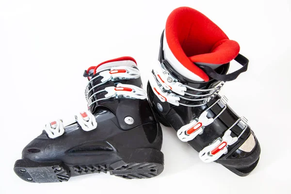 Une Paire Chaussures Ski Alpin Rouges Noires Isolées Sur Fond — Photo