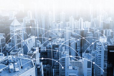 Yüksek hızlı veri ve internet communica ile modern şehir manzarası