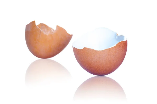 Cascas de ovo marrom quebrado isolado em fundo branco — Fotografia de Stock