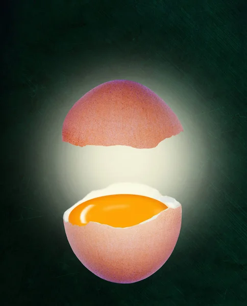 Cracked Eggshell Showing Raw Egg Yolk With Copy Space — Stock Photo, Image