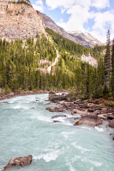 As águas do FED da geleira fluem das quedas de Takakkaw em montanhas rochosas canadenses — Fotografia de Stock