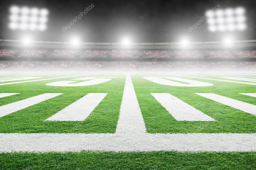 American Football Field With Stadium Lights and Copy Space