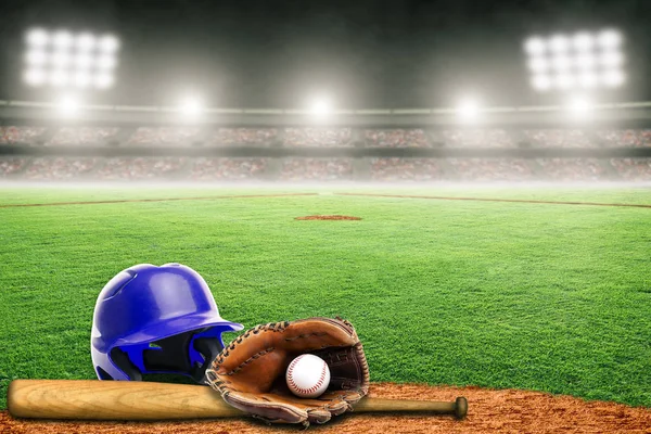 Baseball Helmet, Bat, Glove and Ball on Field in Outdoor Stadium