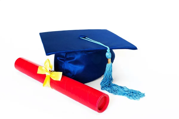 Blue Graduation Cap with Diploma Isolated on White background — стоковое фото