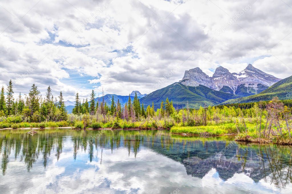 Three Sisters Mountain Peaks in the Canadian Rockies of Canmore,