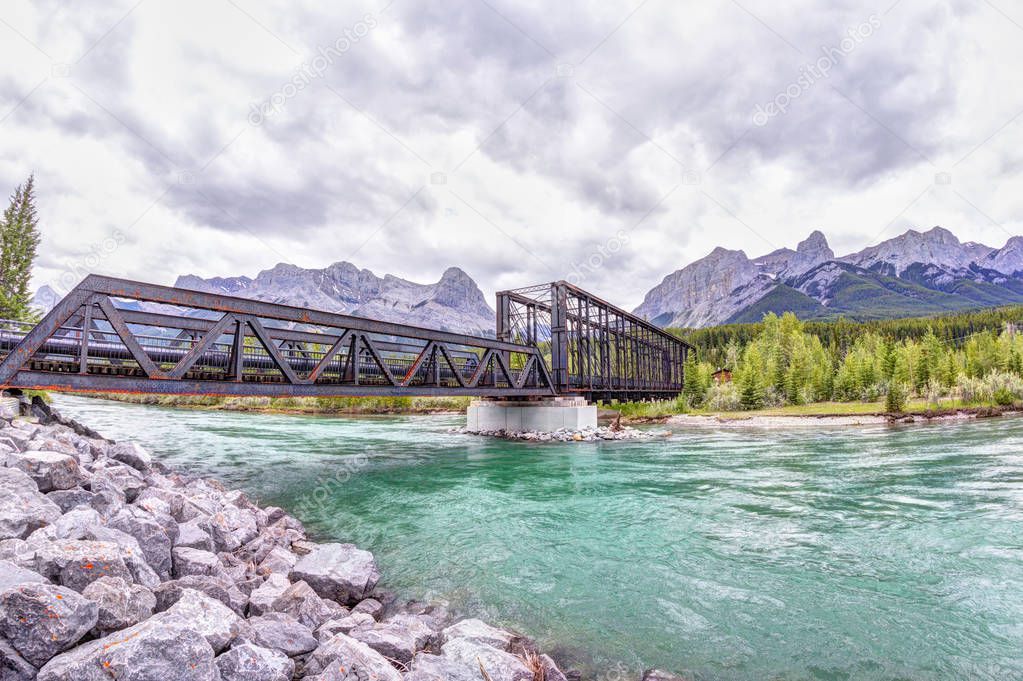 Canmore Engine Bridge Over Bow River Trail in the Canadian Rocki