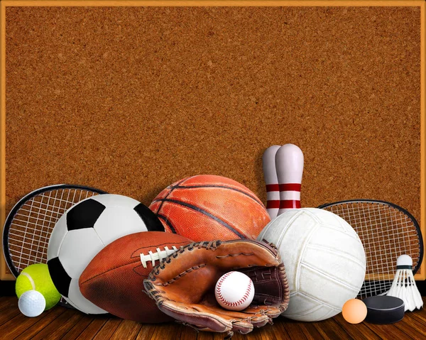 Sportfelszerelések, ütők és labdák a corkboard és copy spac — Stock Fotó