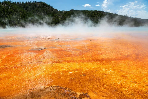 El vapor nace de la Gran Primavera Prismática en el Parque Nacional de Yellowstone. Es la fuente termal más grande en el Parque Nacional de Yellowstone con 200-330 pies de diámetro y más de 121 pies de profundidad . — Imagen de stock Gran Primavera Prismática en el Parque Nacional Yellowstone, Wyoming, EE.UU. — Foto de Stock