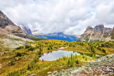 O'Hara Gölü'ndeki Opabin Yolu üzerindeki Hungabee Gölü ve Moor Gölleri 