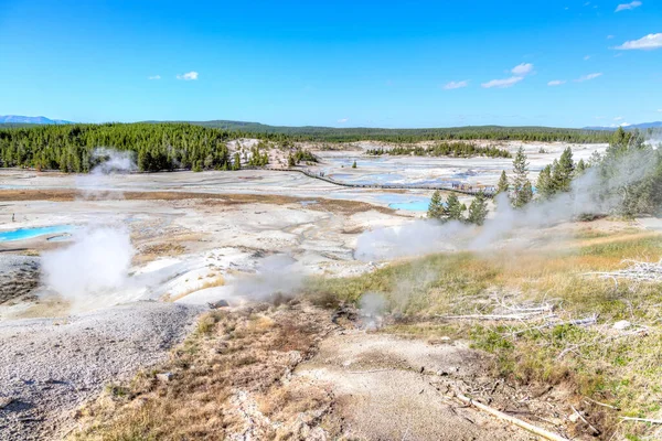 El humo volcánico se eleva desde los terrenos geotérmicos de Porcelana Basin Boardwalk trail en Norris Geyser Basin en el Parque Nacional de Yellowstone, Wyoming, EE.UU. . — Imagen de stock Sendero de Cuenca de Porcelana en la Cuenca Norris Geyser en Yellowstone Nati — Foto de Stock