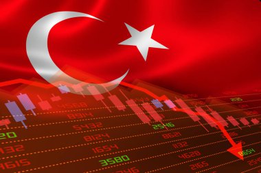 Türkiye 'de ekonomik kriz, borsa düşüşü ve kırmızı negatif bölgeler gösteriyor. Covid-19 veya başka bir felaketin yol açtığı iş ve mali para piyasası krizi konsepti.