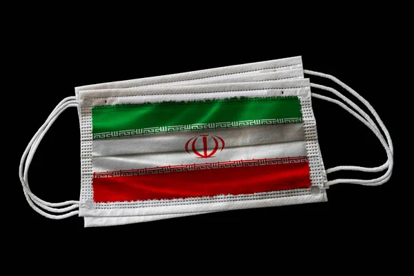 Maschere Chirurgiche Con Bandiera Iraniana Stampata Isolato Sfondo Nero Concetto — Foto Stock