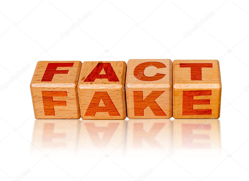 Fact versus Fake concept with wooden cubes isolated on reflective white background.