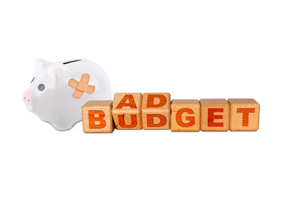 Bad Budget Word Engraved Wooden Alphabet Cube Blocks Piggy Coin — Stock Photo, Image