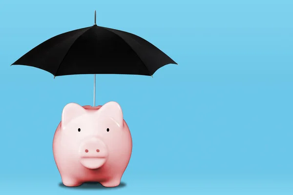 Spórolok Egy Esős Napra Rózsaszín Malacpersellyel Esernyővel Pénzügyi Biztonság Fogalma — Stock Fotó