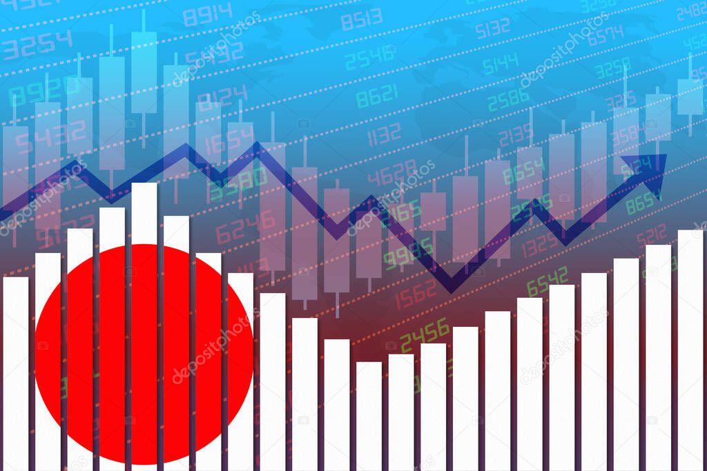 Flag of Japan on bar chart concept of economic recovery and business improving after crisis such as Covid-19 or other catastrophe as economy and businesses reopen again.