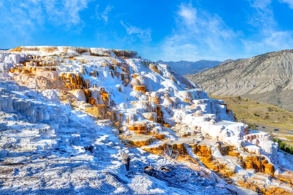 Kaskady Wodne Słynnych Trawertynowych Tarasach Canary Spring Mammoth Hot Springs — Zdjęcie stockowe