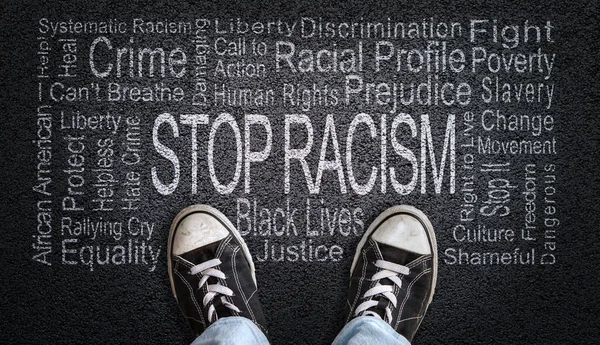 Person Standing Stop Racism Word Cloud Concept Stopping Discrimination Blacks — Stock Photo, Image