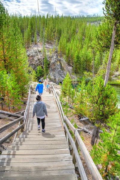 美国怀俄明州 2019年8月24日 美国怀俄明州黄石公园内的游客走下通往火洞河的木制楼梯 这条河流经黄石公园的几个重要的间歇泉流域 — 图库照片