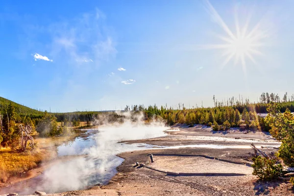 Gorąca Para Wyrasta Gejzera Dorzeczu Norris Geyser Parku Narodowym Yellowstone — Zdjęcie stockowe