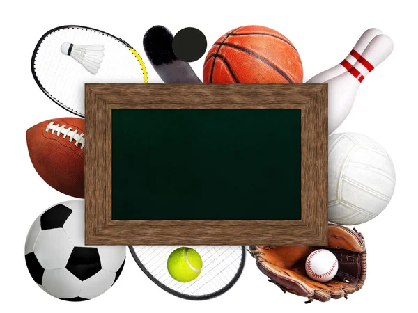 Framed Chalkboard Copy Space Top Sports Balls Equipment White Background — Stock Photo, Image