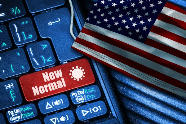 Begreppet New Normal Usa Covid Med Dator Tangentbord Röd Knapp — Stockfoto