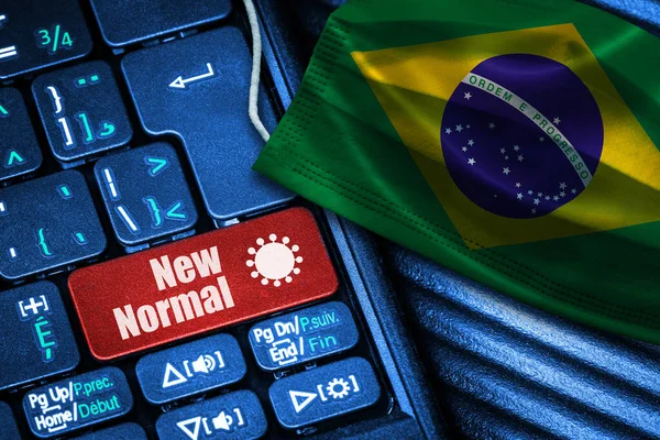 Concept New Normal Brazil Covid Computer Keyboard Red Button Text — Stock Photo, Image