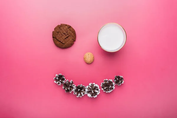 Chocolate vegan cookie, a glass of almond milk and pine cones shaped as a funny face, top view