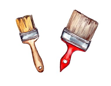 El yapımı suluboya çizimi. Yüzeyi onarmak ve boyamak için araçlar: kırmızı saplı geniş bir boya fırçası ve ahşap saplı küçük bir fırça. izole