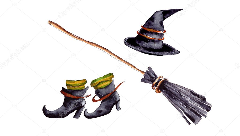 hand-drawn watercolor illustration. a set of attributes and accessories for celebrating Halloween.Black clothing for a witch. the aircraft is a broom on a wooden handle. isolated on a white background