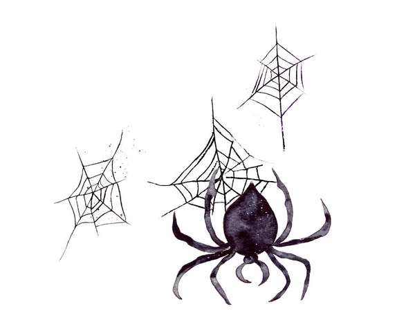 Χειροποίητη Ακουαρέλα Μια Μαύρη Αράχνη Κατεβαίνει Τον Ιστό Της Ανάποδα — Φωτογραφία Αρχείου