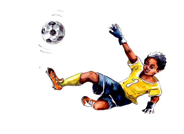 Hand Drawn Watercolor Illustration Children Sports Football Boy Goalkeeper Yellow — Stock Photo, Image