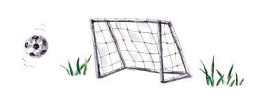 El yapımı suluboya çizimi. Bir futbol maçı, bir futbol topu kaleye doğru uçuyor. Beyaz bir arkaplanda izole edilmiş.