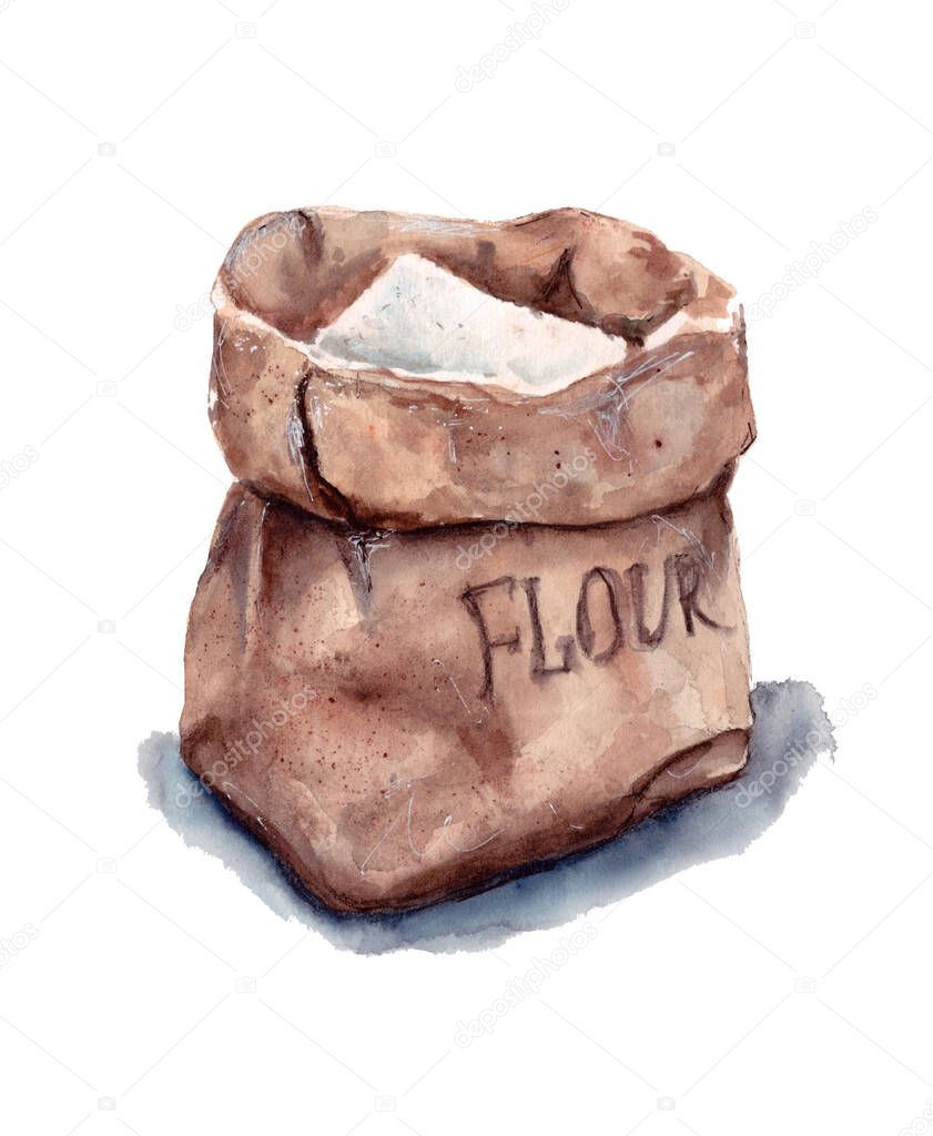 hand-drawn watercolor illustration. white flour in a paper bag. isolated on a white background