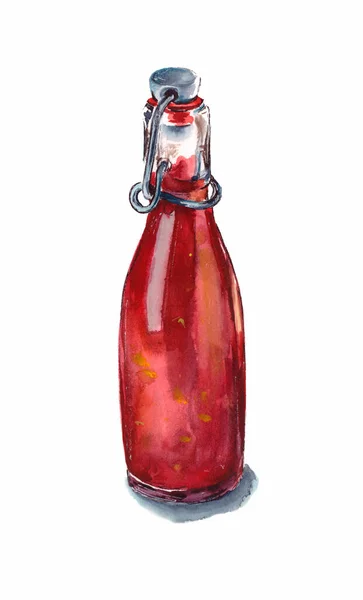 Illustrazione Acquerello Disegnata Mano Ketchup Pomodoro Rosso Una Bottiglia Vetro — Foto Stock