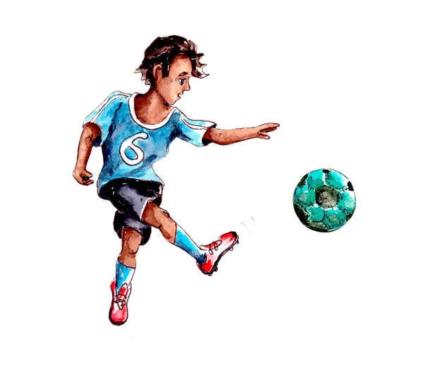 Hand Drawn Watercolor Illustration Children Sport Children Play Soccer Boy — Stock Photo, Image