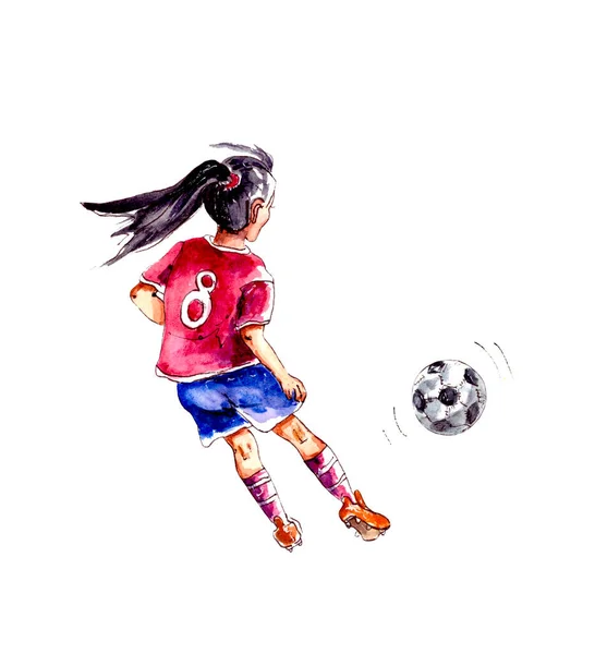 hand-drawn watercolor illustration. characters, a girl in a soccer uniform playing with a white soccer ball isolated on a white background.