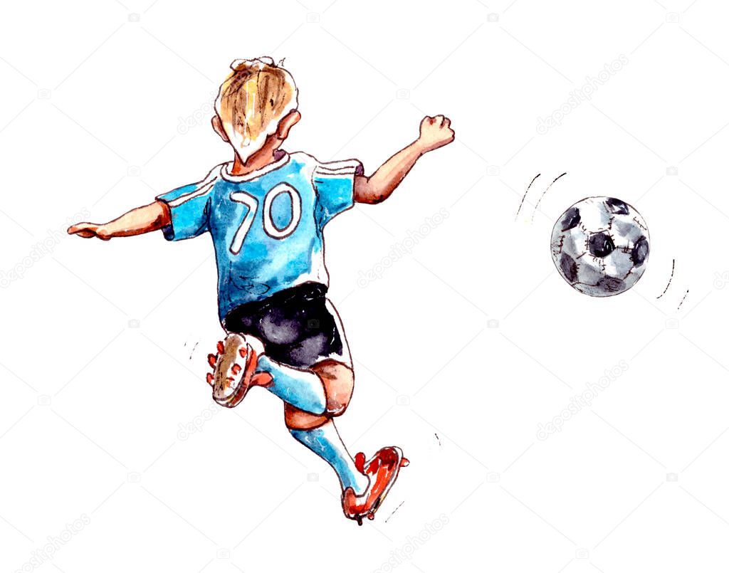Hand-drawn watercolor illustration.Children's sport.Children play soccer.A boy soccer player in a blue uniform with a number plays with a green soccer ball.Isolated on a white background..