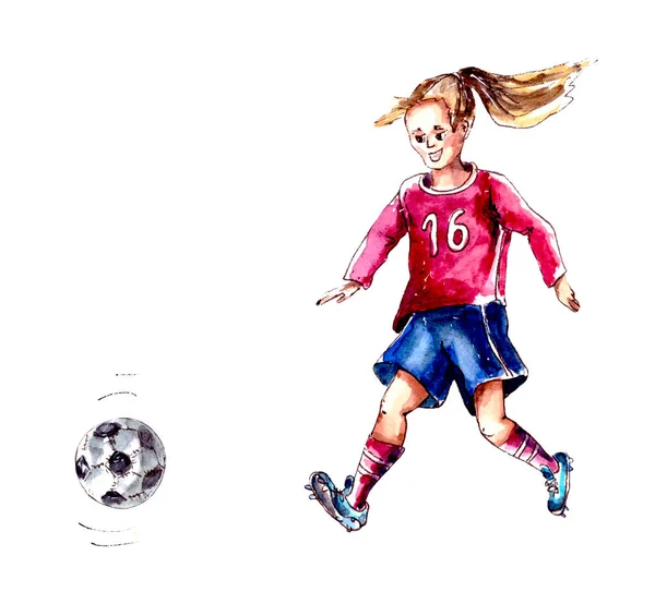 Ilustração Aquarela Desenhada Mão Bonita Criança Sonha Tornar Jogador Futebol — Fotografia de Stock