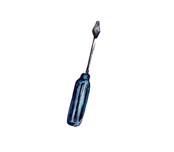 Handritad Akvarell Illustration Manuella Reparationsverktyg Metallskruvmejsel Blått Handtag För Anslutningsdelar — Stockfoto