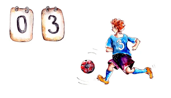 Desenhado à mão ilustração aquarela. Desporto das crianças. As crianças jogam soccer.A jogador de futebol menino em um uniforme azul com um número corre para a bola. Sinais de metal informar sobre a pontuação no match.Isolated . — Fotografia de Stock