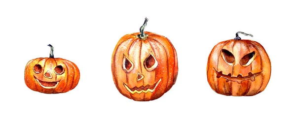 Ručně Kreslený Akvarel Ilustrace Halloween Sada Žlutých Dýní Oslavu Dne — Stock fotografie