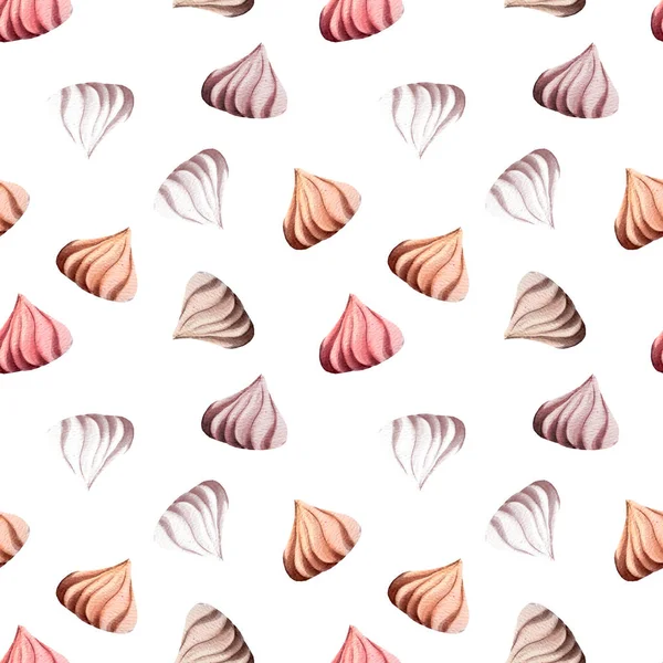 Hand-drawn watercolor illustration. Seamless pattern. A set of small meringues. Multi-colored marshmallow on a white background. Isolated — Stock Image Hand Drawn Watercolor Illustration Seamless Pattern Set Small Meringues Multi Stock Photo