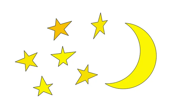 Illustration. Moon and stars closeup. Abstract moon. Yellow moon and stars isolated on white background