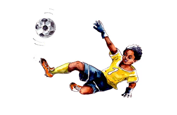 Ilustración de acuarela dibujada a mano. Deportes infantiles: el fútbol, un niño portero con un uniforme de fútbol amarillo atrapa la pelota, refleja el golpe. Aislado sobre un fondo blanco . —  Fotos de Stock