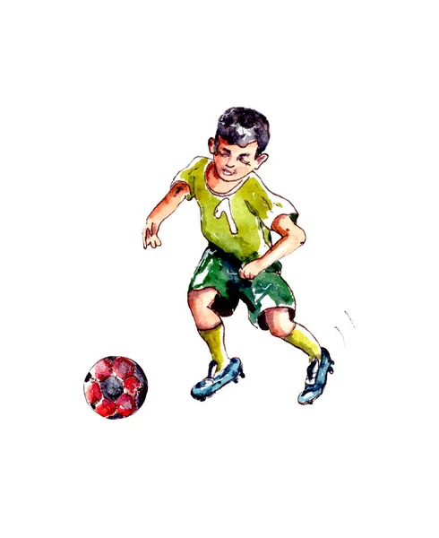 Acquerello Illustrazione Ragazzo Uniforme Verde Che Gioca Calcio Con Una — Foto Stock