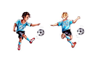 Mavi üniformalı, beyaz bir topla futbol oynayan iki çocuğun suluboya resimleri. Beyaz bir arka planda izole edilmiş..