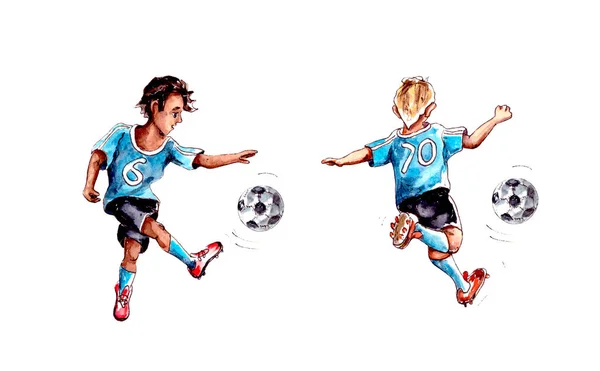 Ilustração Aquarela Dois Meninos Uniformes Azuis Jogando Futebol Com Uma — Fotografia de Stock